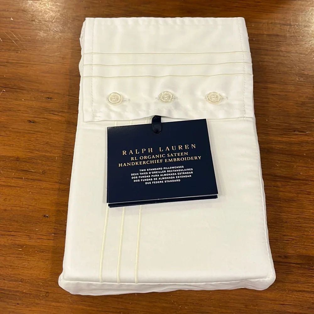 Ralph Lauren RL Organic Sateen Handkerchief Embroidery Standard Pillowcase x 2